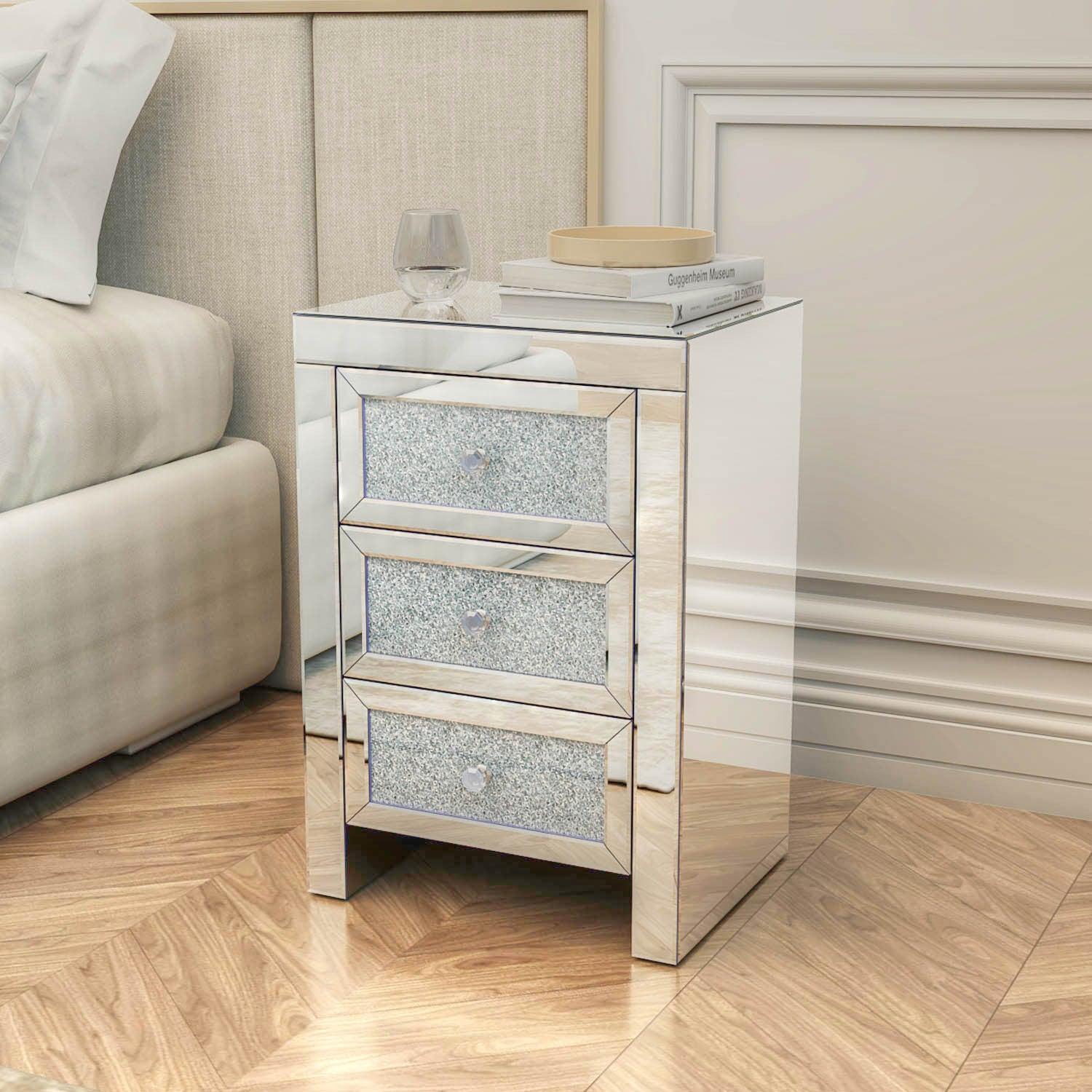 Mirrored Nightstand, Silver Bedside Tables, Mirrored End Table Side Table FredCo