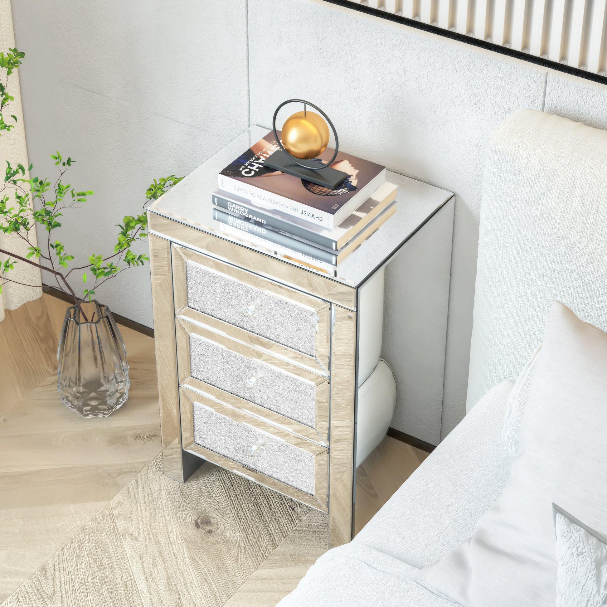 Mirrored Nightstand, Silver Bedside Tables, Mirrored End Table Side Table FredCo