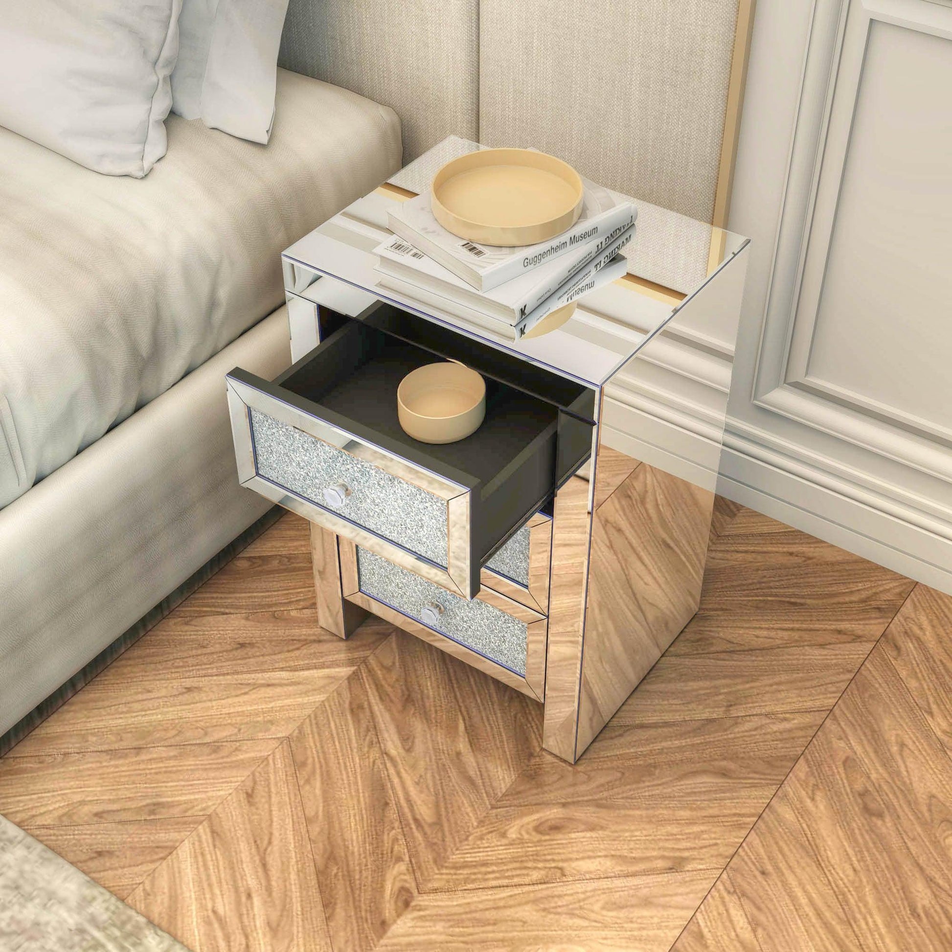 Mirrored Nightstand, Silver Bedside Tables, Mirrored End Table Side Table FredCo