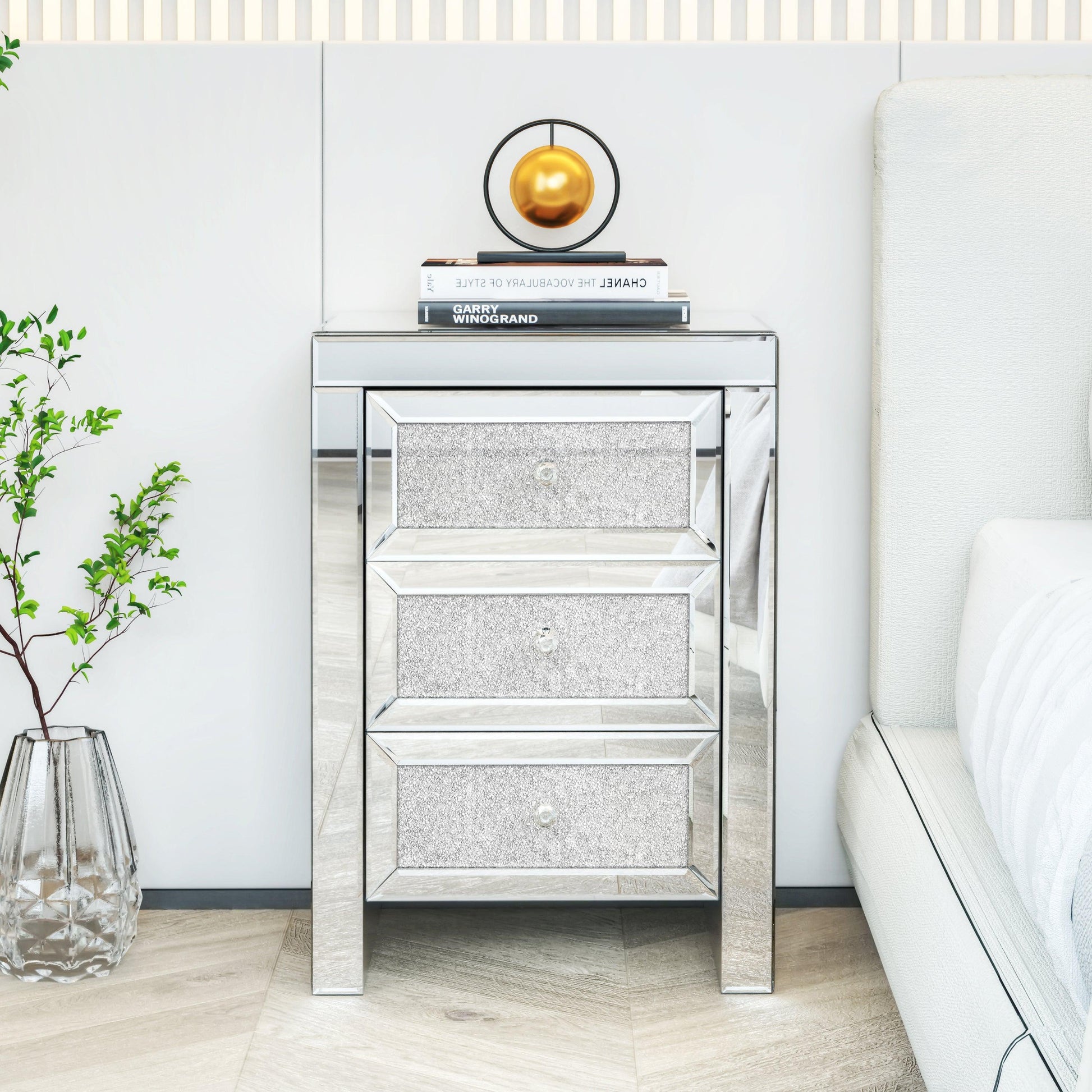 Mirrored Nightstand, Silver Bedside Tables, Mirrored End Table Side Table FredCo