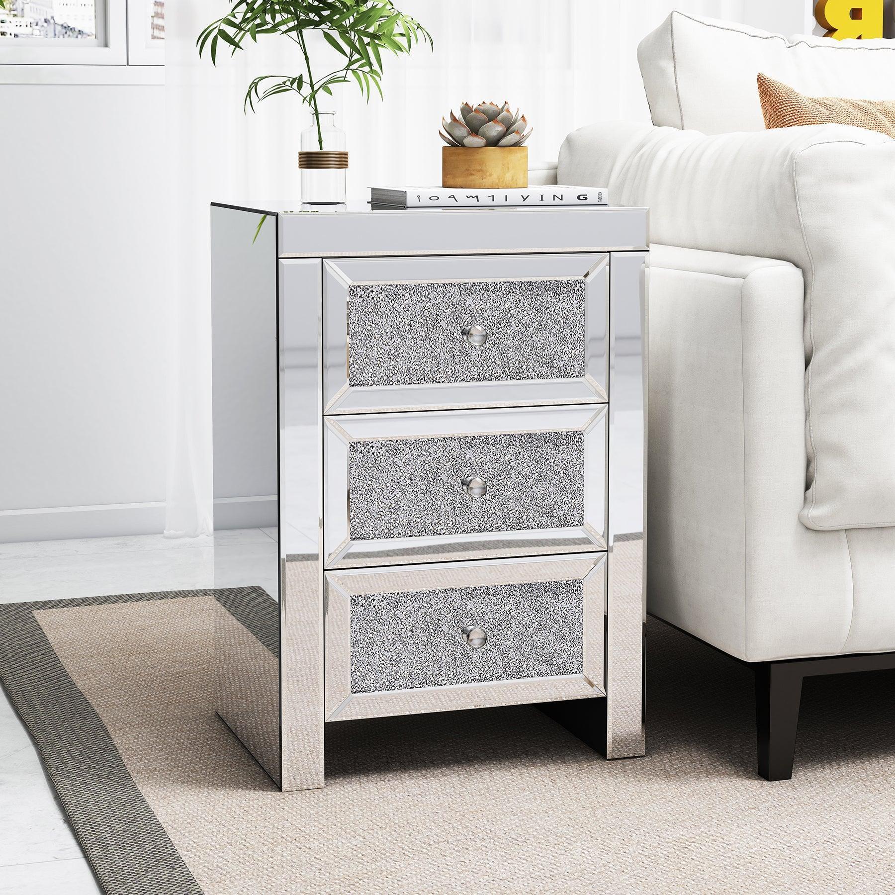 Mirrored Nightstand, Silver Bedside Tables, Mirrored End Table Side Table FredCo