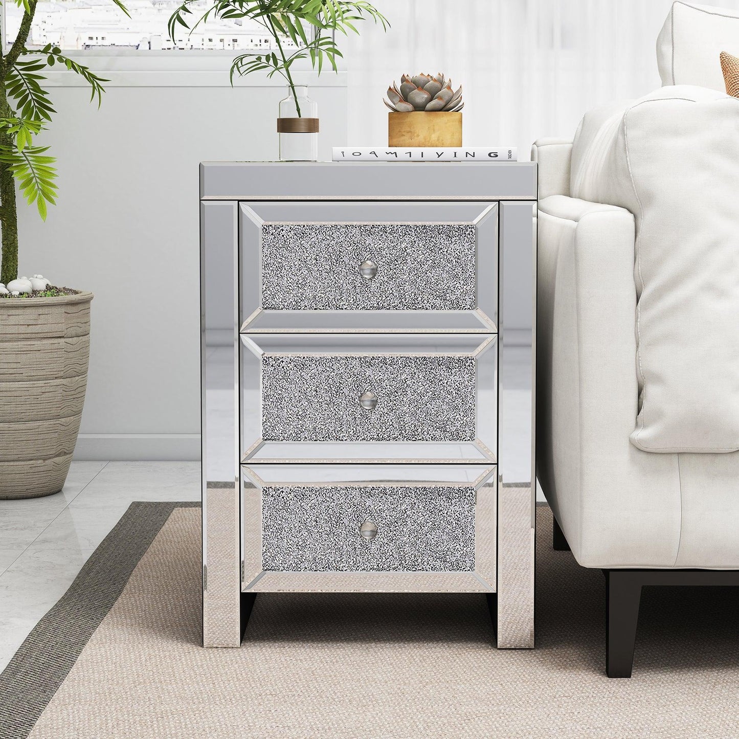 Mirrored Nightstand, Silver Bedside Tables, Mirrored End Table Side Table FredCo