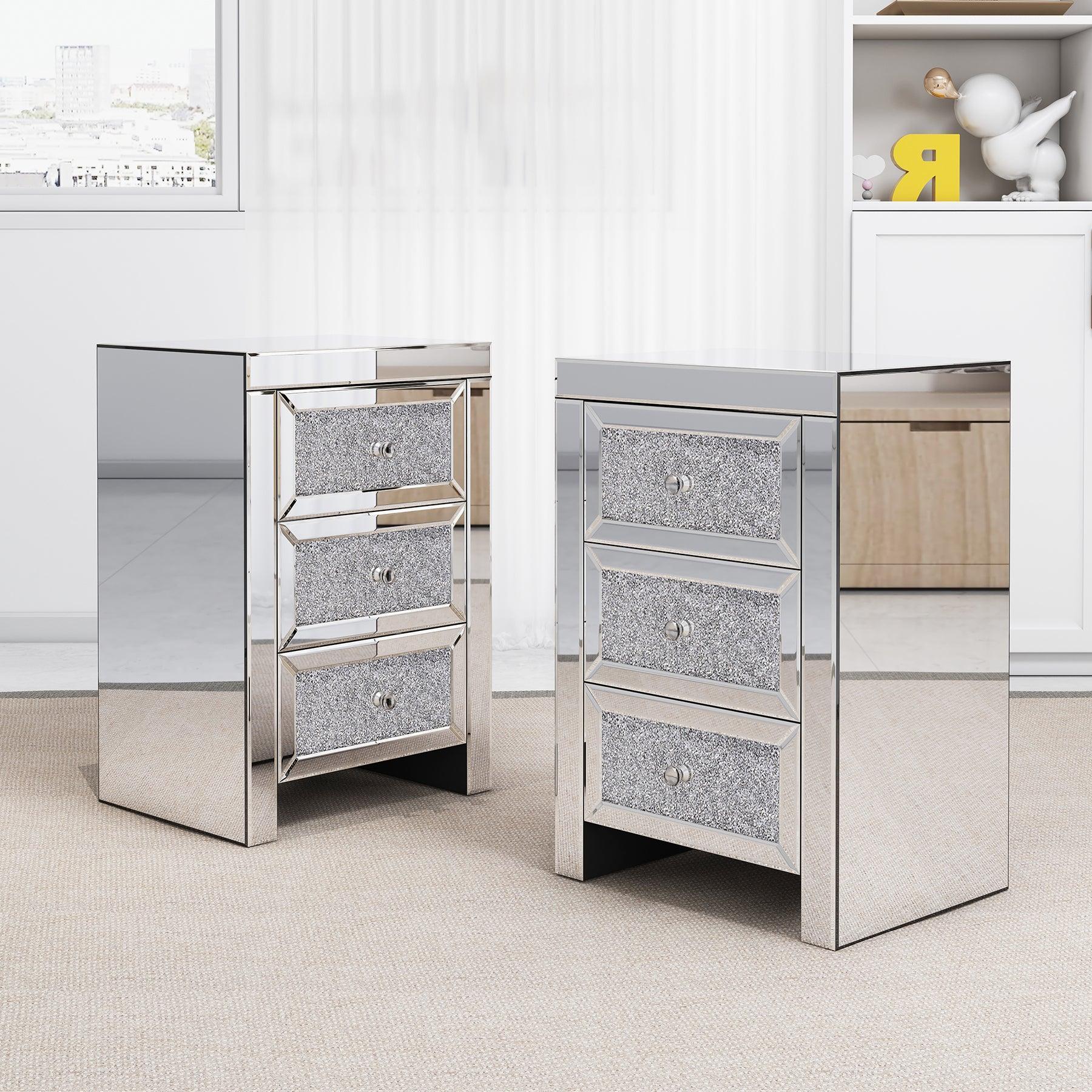 Mirrored Nightstand, Silver Bedside Tables, Mirrored End Table Side Table FredCo