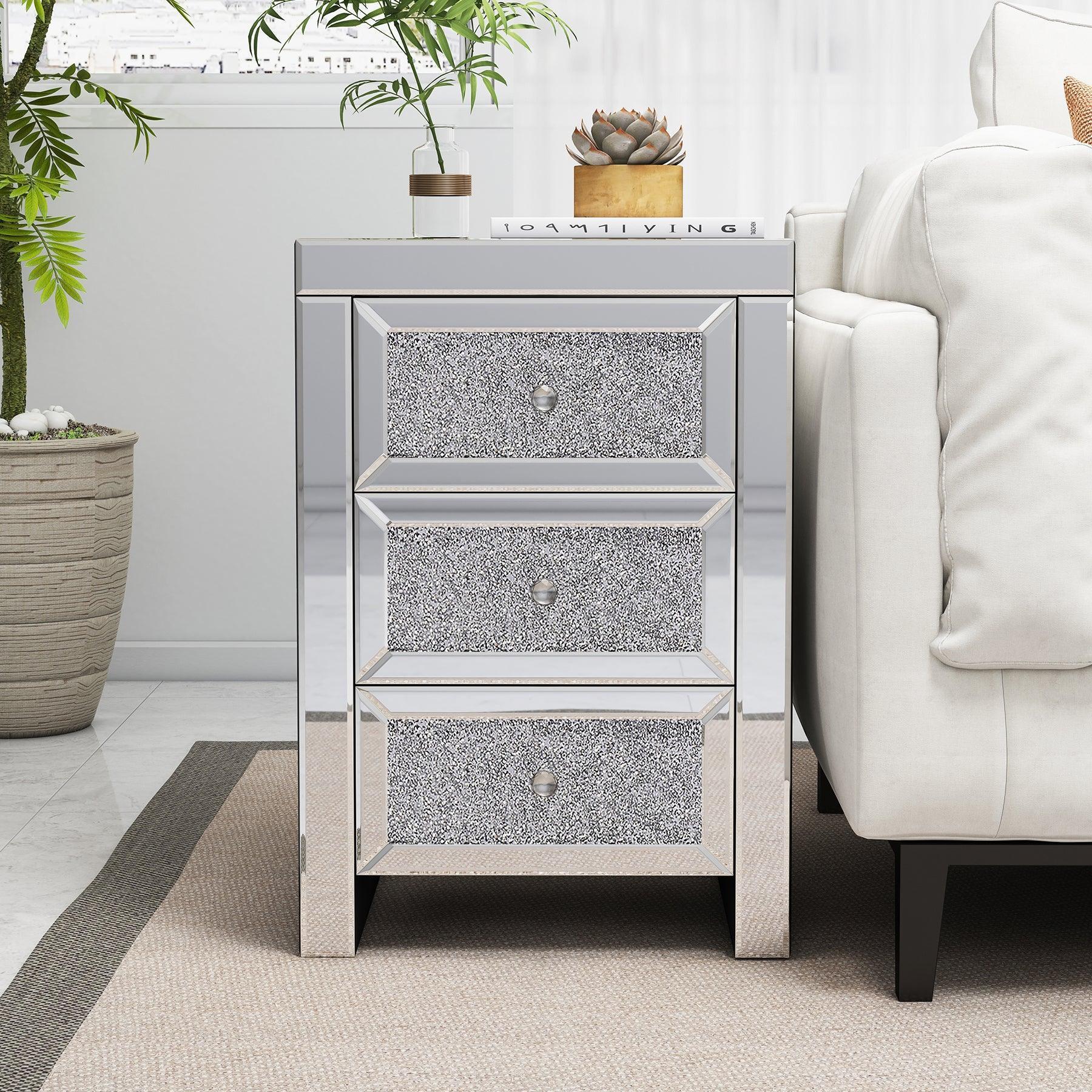 Mirrored Nightstand, Silver Bedside Tables, Mirrored End Table Side Table FredCo