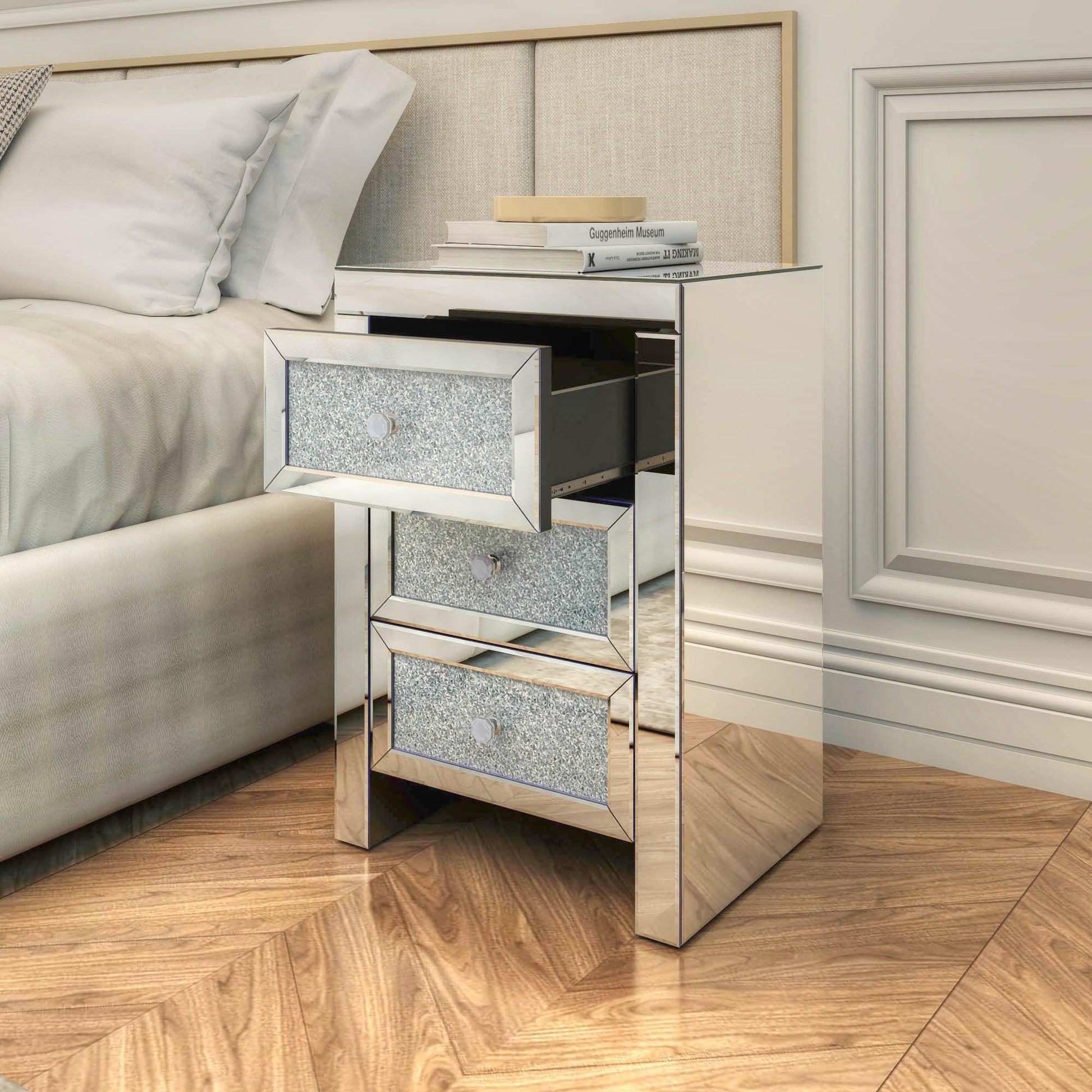 Mirrored Nightstand, Silver Bedside Tables, Mirrored End Table Side Table FredCo
