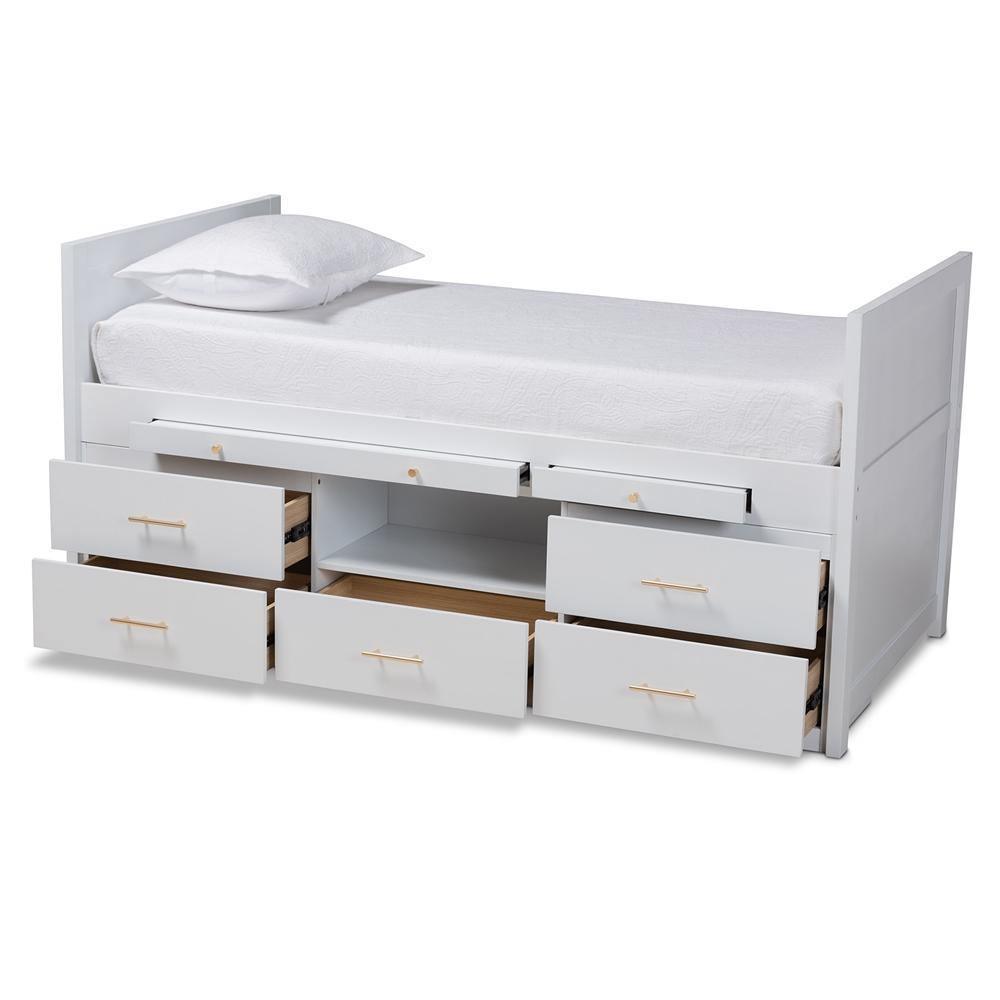 Mirza Modern and Contemporary White Finished Wood 5-Drawer Twin Size Storage Bed with Pull-Out Desk FredCo