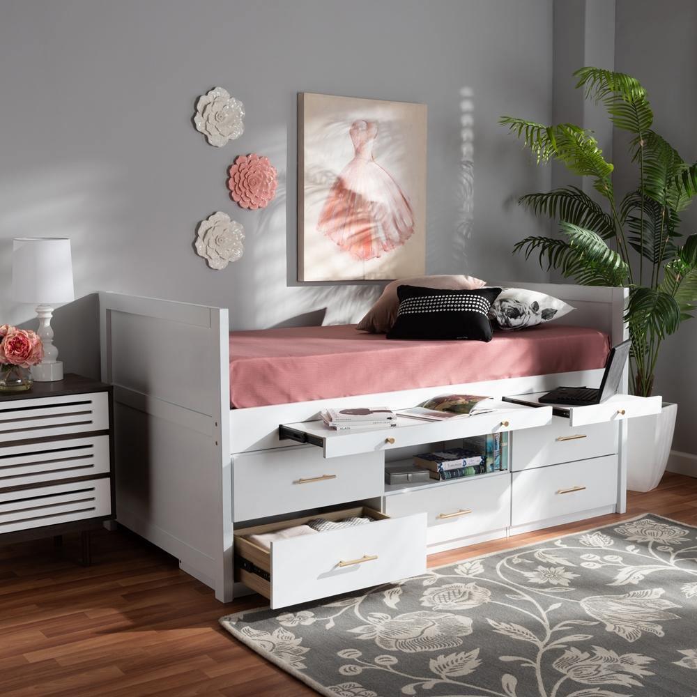 Mirza Modern and Contemporary White Finished Wood 5-Drawer Twin Size Storage Bed with Pull-Out Desk FredCo
