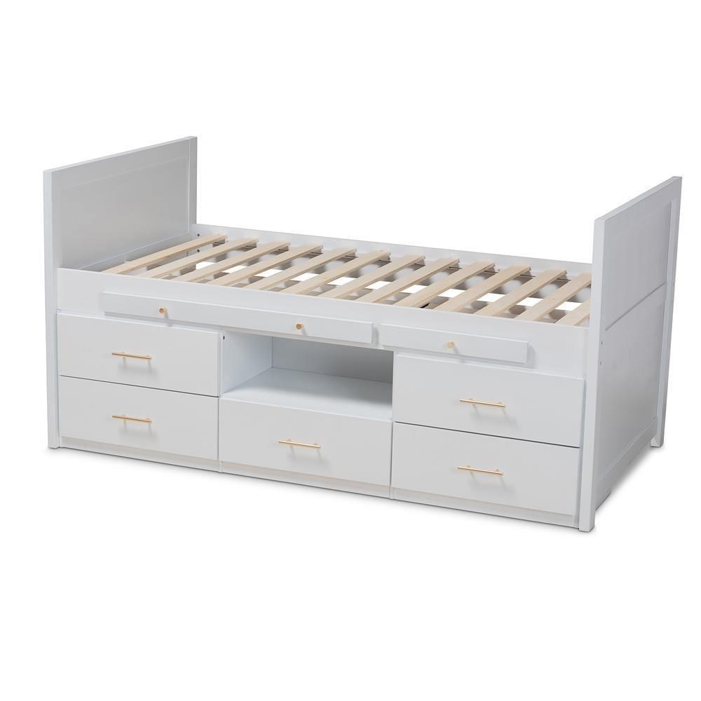Mirza Modern and Contemporary White Finished Wood 5-Drawer Twin Size Storage Bed with Pull-Out Desk FredCo
