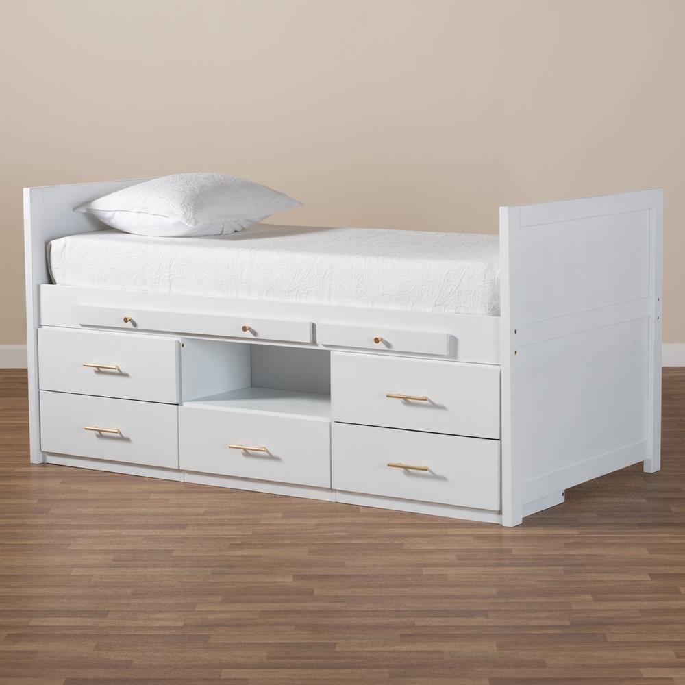 Mirza Modern and Contemporary White Finished Wood 5-Drawer Twin Size Storage Bed with Pull-Out Desk FredCo