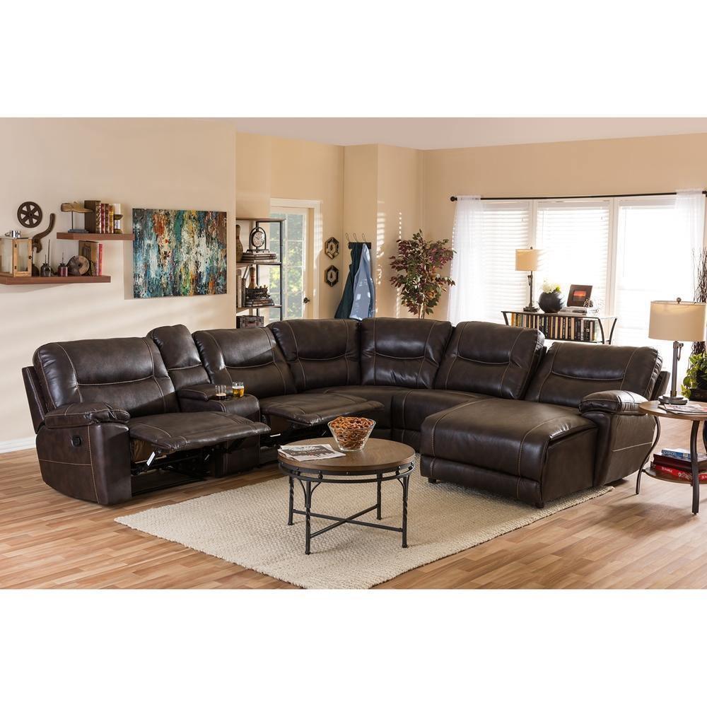 Mistral Modern and Contemporary Dark Brown Bonded Leather 6-Piece Sectional with Recliners Corner Lounge Suite FredCo