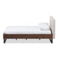 Mitchell Rustic Industrial Walnut Wood Beige Fabric Dark Bronze Metal King Size Platform Bed FredCo
