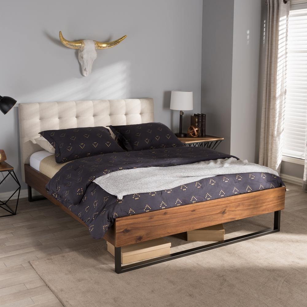 Mitchell Rustic Industrial Walnut Wood Beige Fabric Dark Bronze Metal King Size Platform Bed FredCo