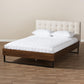 Mitchell Rustic Industrial Walnut Wood Beige Fabric Dark Bronze Metal King Size Platform Bed FredCo