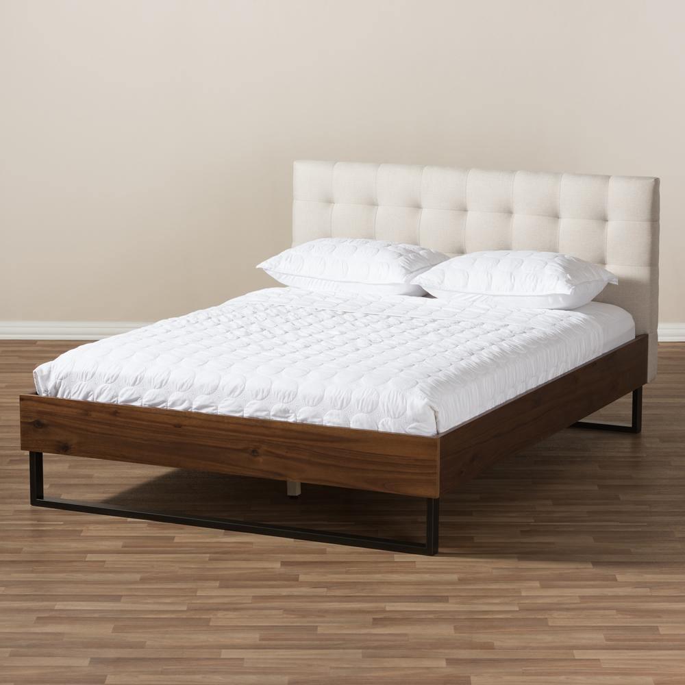 Mitchell Rustic Industrial Walnut Wood Beige Fabric Dark Bronze Metal Queen Size Platform Bed FredCo