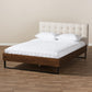 Mitchell Rustic Industrial Walnut Wood Beige Fabric Dark Bronze Metal Queen Size Platform Bed FredCo