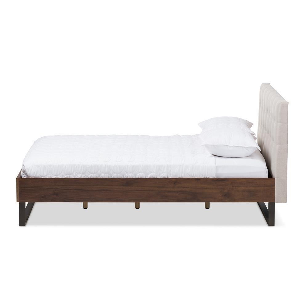Mitchell Rustic Industrial Walnut Wood Beige Fabric Dark Bronze Metal Queen Size Platform Bed FredCo