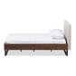 Mitchell Rustic Industrial Walnut Wood Beige Fabric Dark Bronze Metal Queen Size Platform Bed FredCo