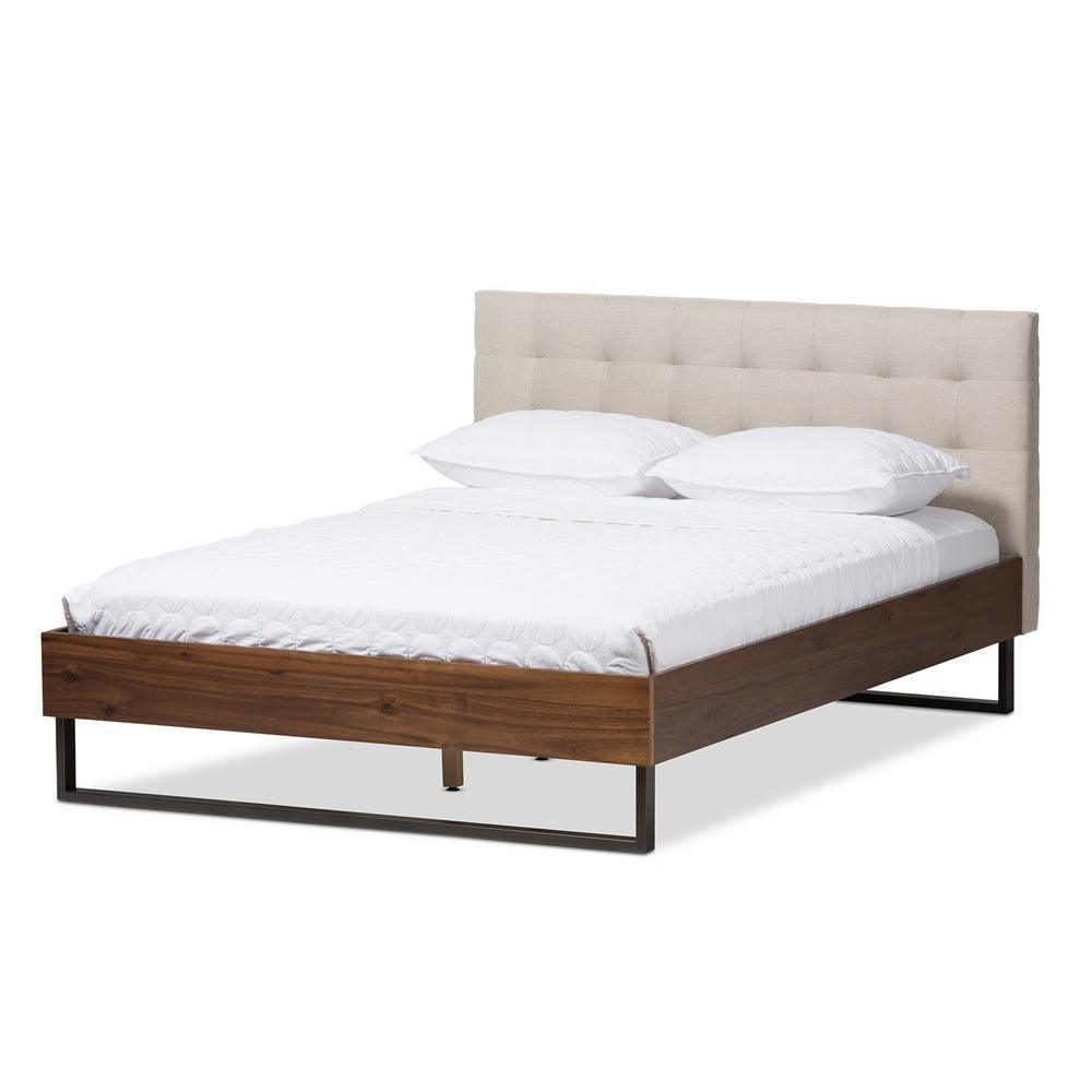 Mitchell Rustic Industrial Walnut Wood Beige Fabric Dark Bronze Metal Queen Size Platform Bed FredCo