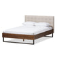 Mitchell Rustic Industrial Walnut Wood Beige Fabric Dark Bronze Metal Queen Size Platform Bed FredCo