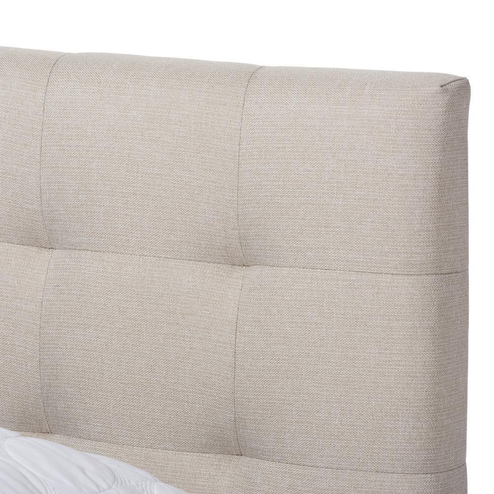 Mitchell Rustic Industrial Walnut Wood Beige Fabric Dark Bronze Metal Queen Size Platform Bed FredCo