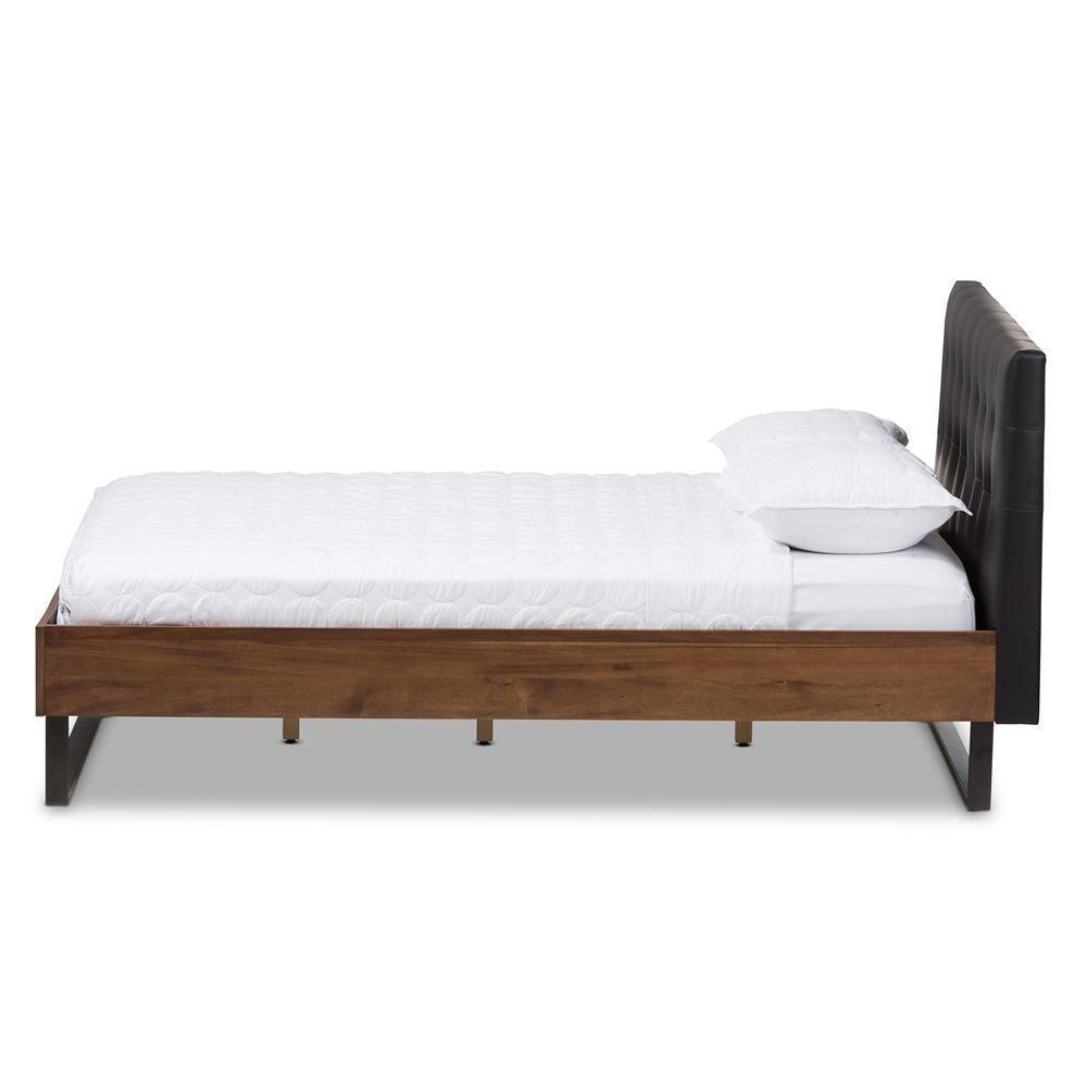 Mitchell Rustic Industrial Walnut Wood Black Faux Leather Dark Bronze Metal Queen Size Platform Bed FredCo
