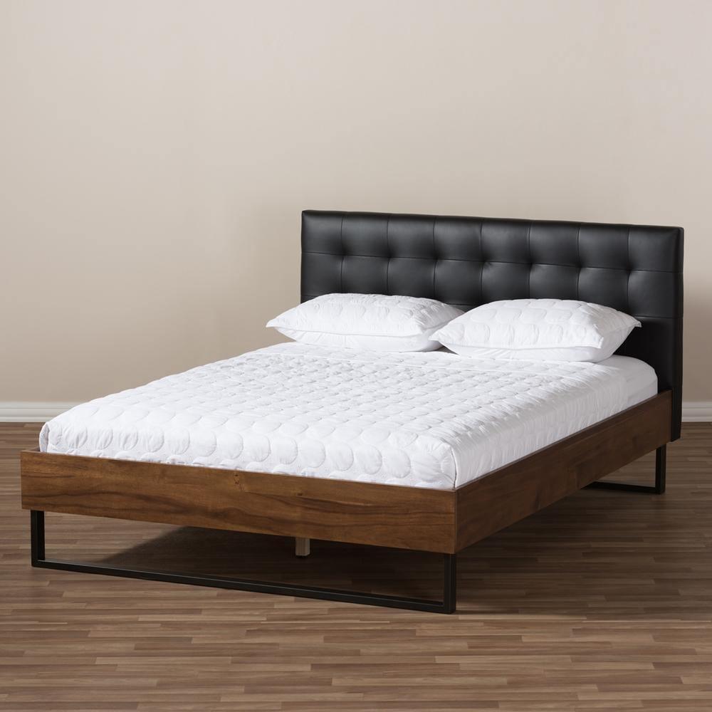 Mitchell Rustic Industrial Walnut Wood Black Faux Leather Dark Bronze Metal Queen Size Platform Bed FredCo