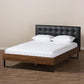 Mitchell Rustic Industrial Walnut Wood Black Faux Leather Dark Bronze Metal Queen Size Platform Bed FredCo