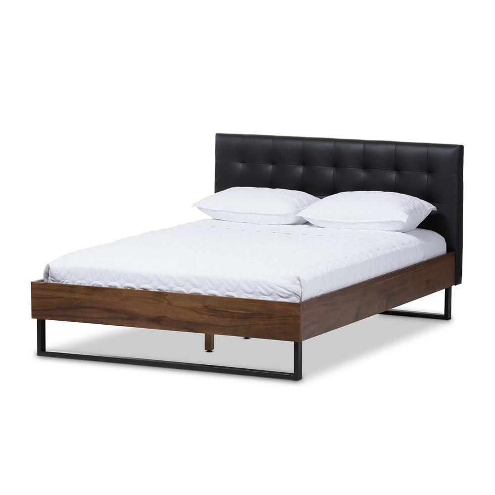 Mitchell Rustic Industrial Walnut Wood Black Faux Leather Dark Bronze Metal Queen Size Platform Bed FredCo