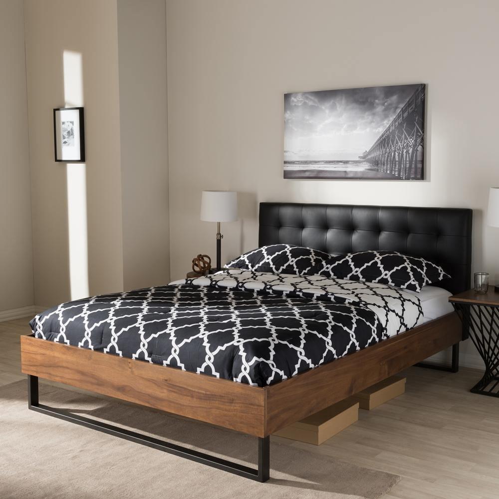 Mitchell Rustic Industrial Walnut Wood Black Faux Leather Dark Bronze Metal Queen Size Platform Bed FredCo