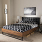 Mitchell Rustic Industrial Walnut Wood Black Faux Leather Dark Bronze Metal Queen Size Platform Bed FredCo