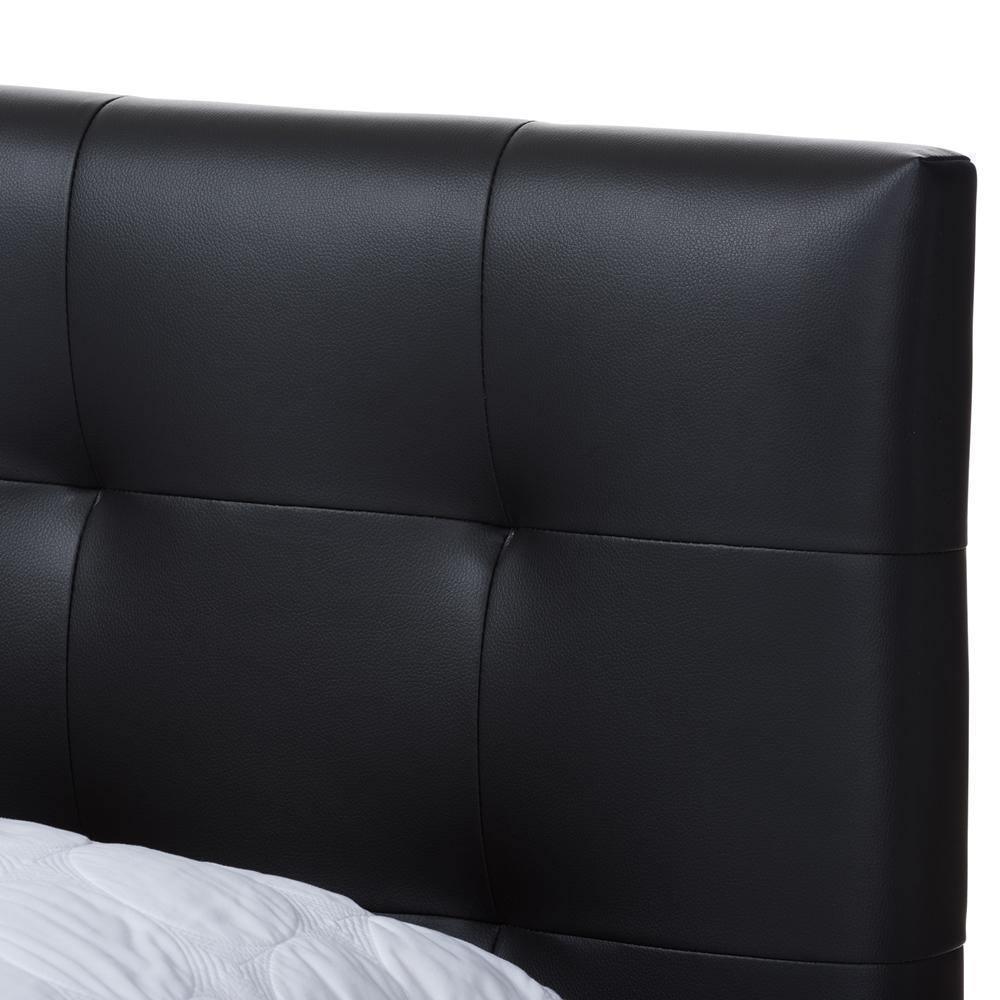 Mitchell Rustic Industrial Walnut Wood Black Faux Leather Dark Bronze Metal Queen Size Platform Bed FredCo
