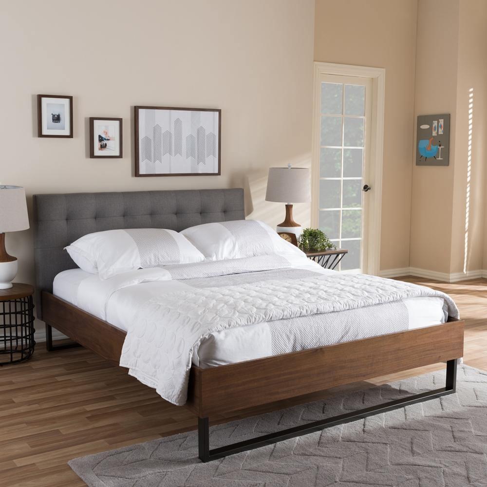 Mitchell Rustic Industrial Walnut Wood Grey Fabric Dark Bronze Metal Full Size Platform Bed FredCo