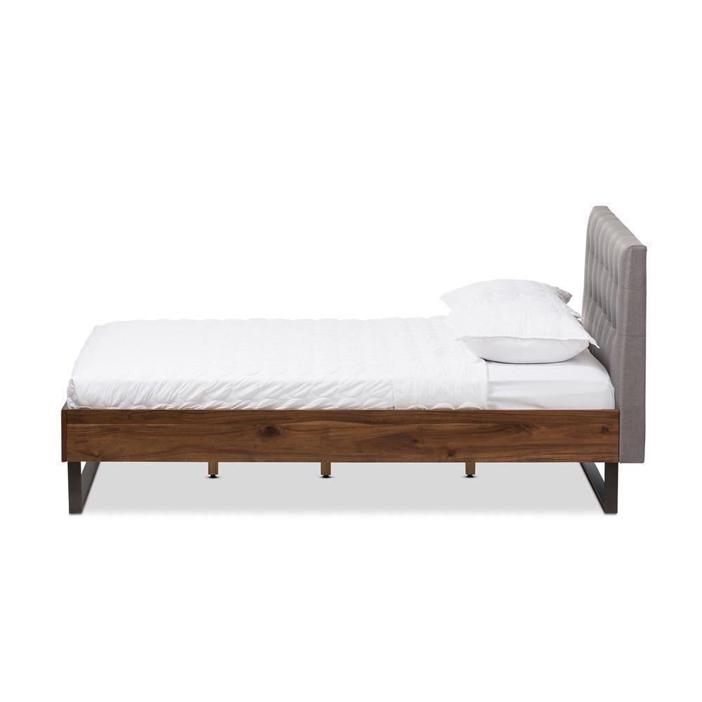 Mitchell Rustic Industrial Walnut Wood Grey Fabric Dark Bronze Metal Full Size Platform Bed FredCo