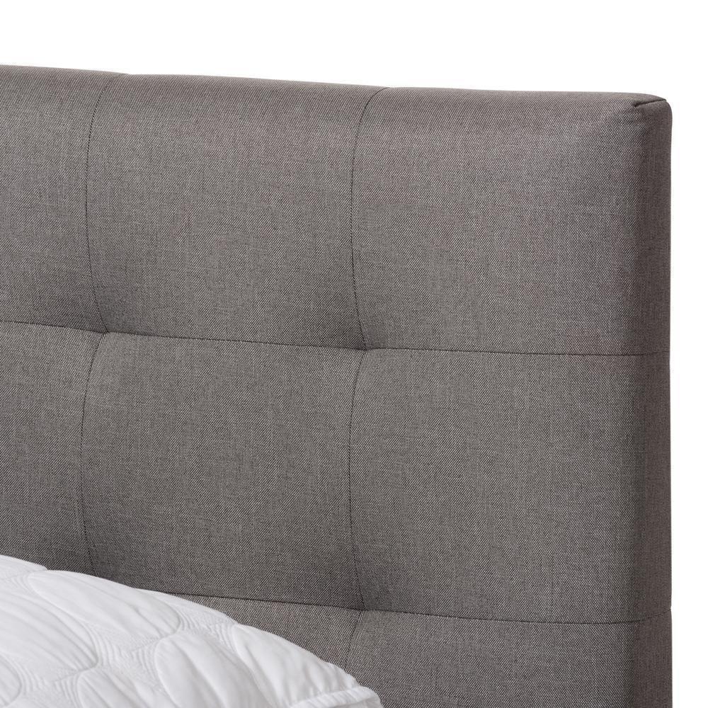 Mitchell Rustic Industrial Walnut Wood Grey Fabric Dark Bronze Metal Full Size Platform Bed FredCo