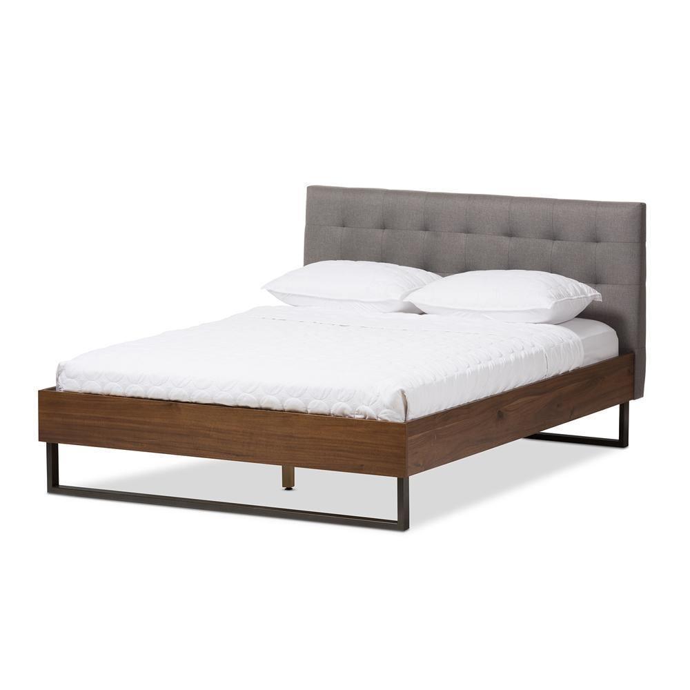 Mitchell Rustic Industrial Walnut Wood Grey Fabric Dark Bronze Metal Full Size Platform Bed FredCo
