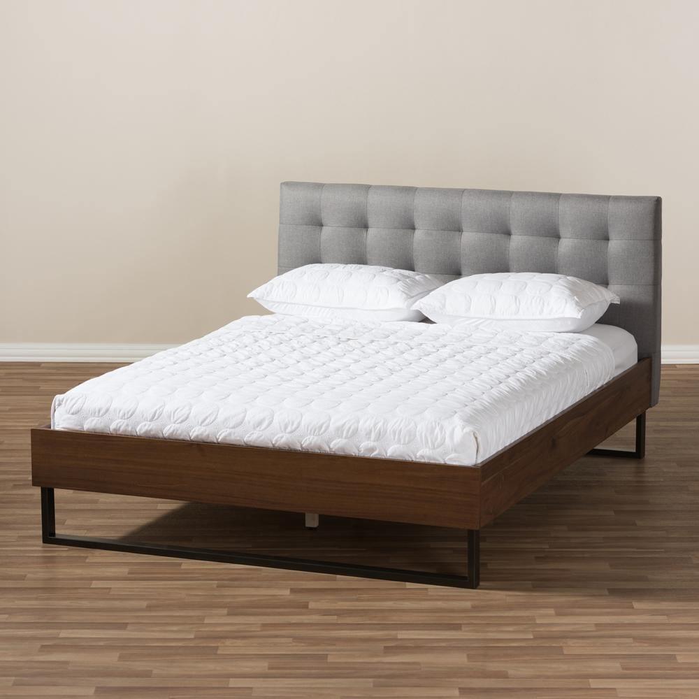 Mitchell Rustic Industrial Walnut Wood Grey Fabric Dark Bronze Metal Full Size Platform Bed FredCo