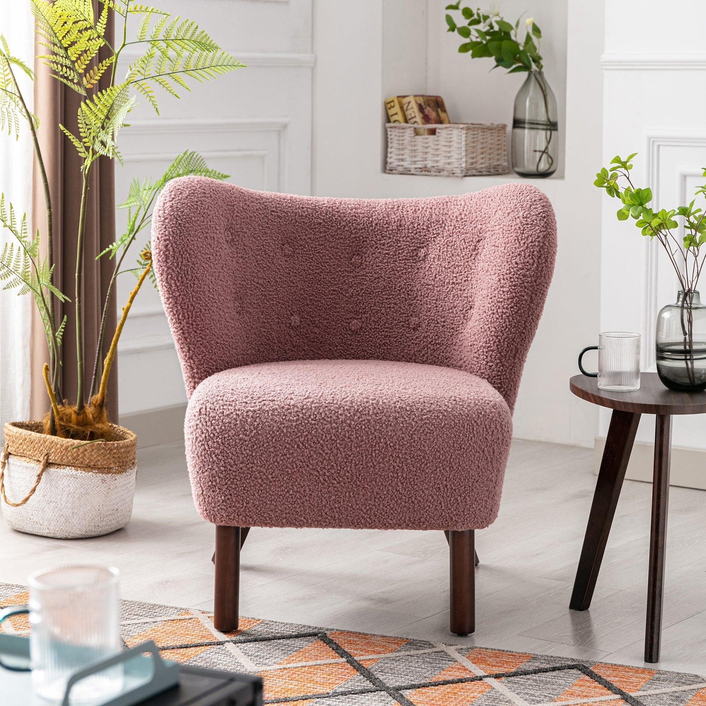 Modern Accent Chair Lambskin Sherpa Wingback Tufted Side Chair Blush FredCo