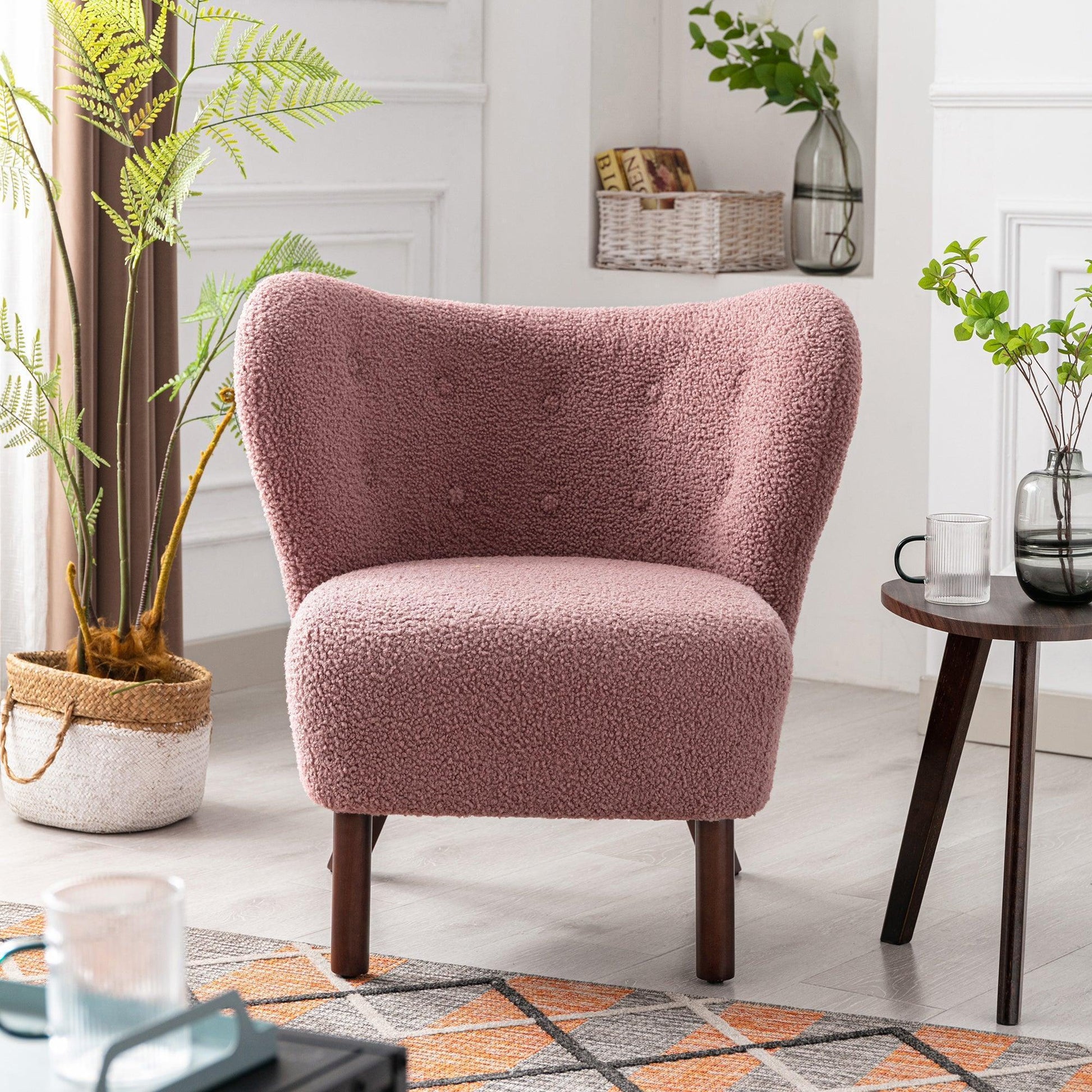 Modern Accent Chair Lambskin Sherpa Wingback Tufted Side Chair Blush FredCo