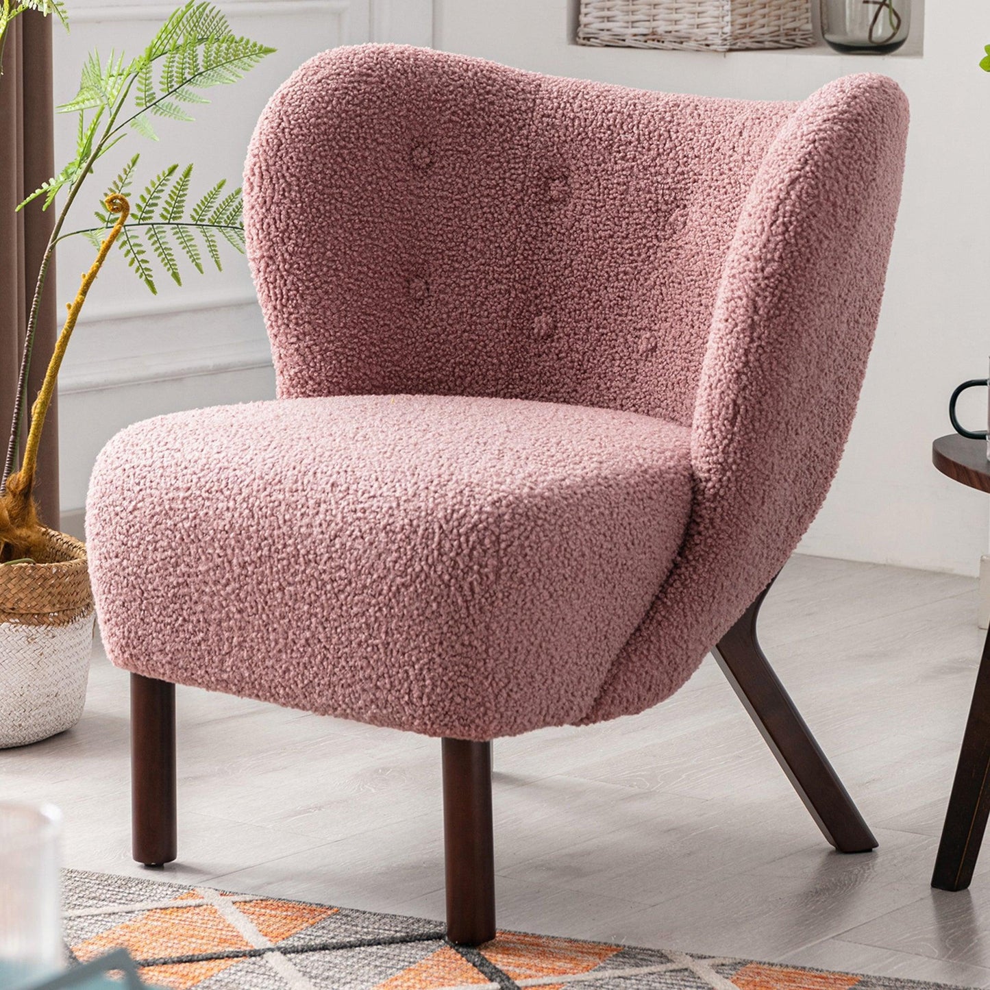 Modern Accent Chair Lambskin Sherpa Wingback Tufted Side Chair Blush FredCo