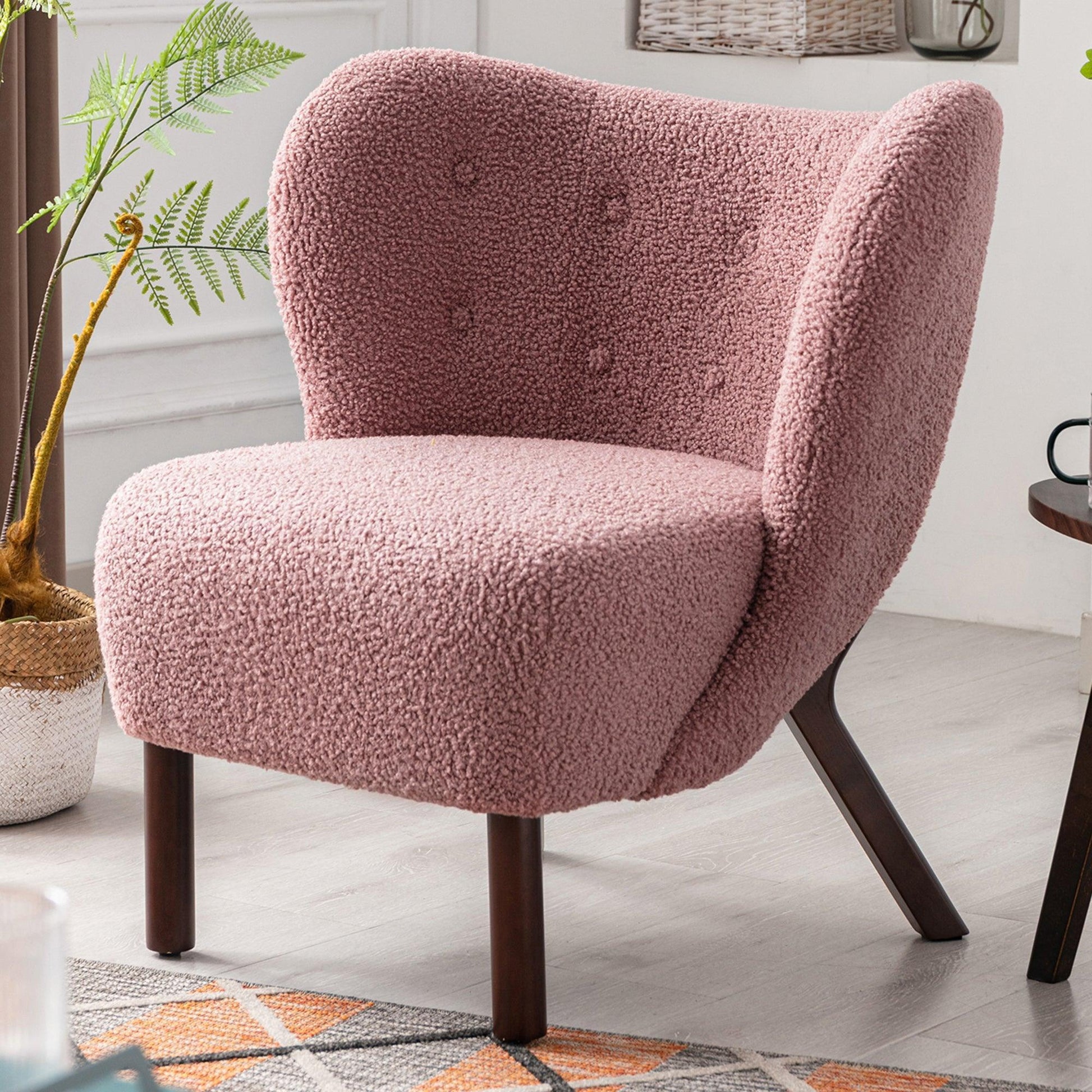 Modern Accent Chair Lambskin Sherpa Wingback Tufted Side Chair Blush FredCo