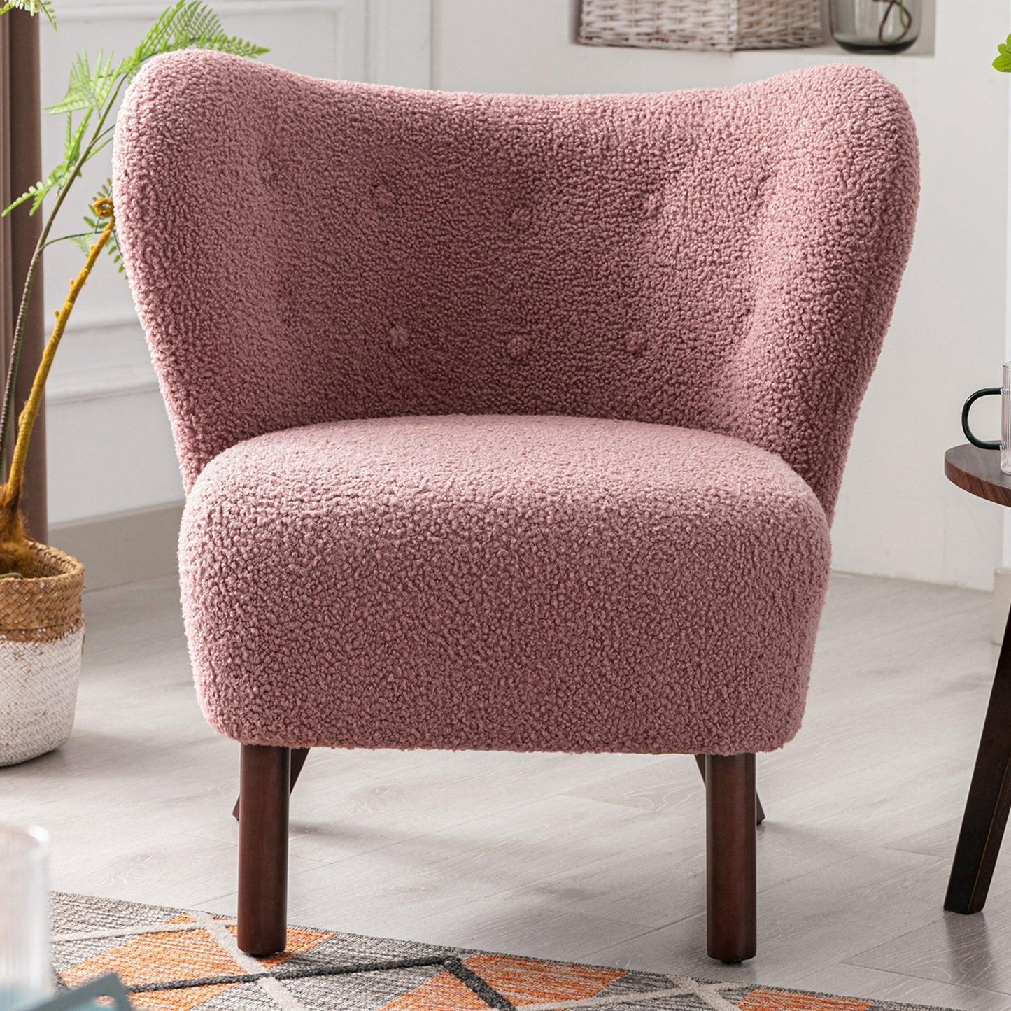 Modern Accent Chair Lambskin Sherpa Wingback Tufted Side Chair Blush FredCo