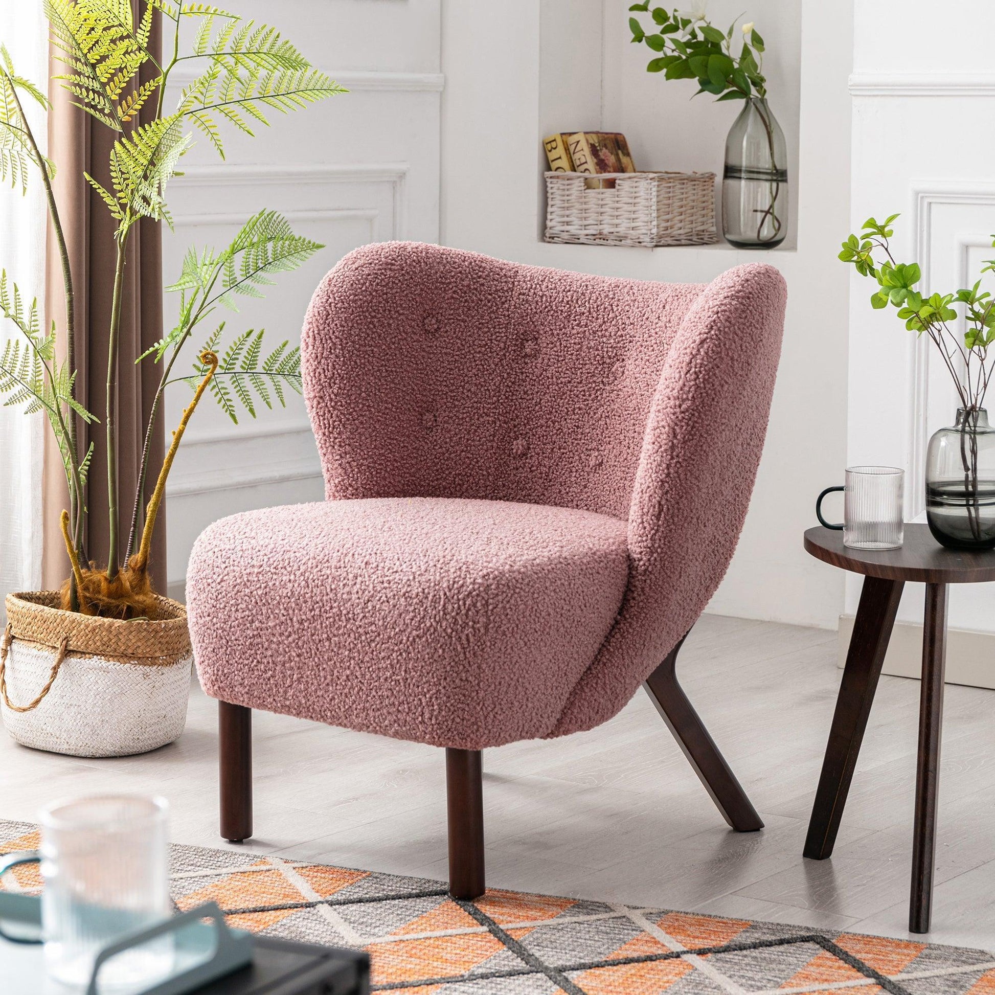 Modern Accent Chair Lambskin Sherpa Wingback Tufted Side Chair Blush FredCo
