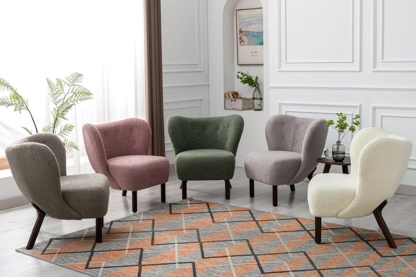 Modern Accent Chair Lambskin Sherpa Wingback Tufted Side Chair Blush FredCo