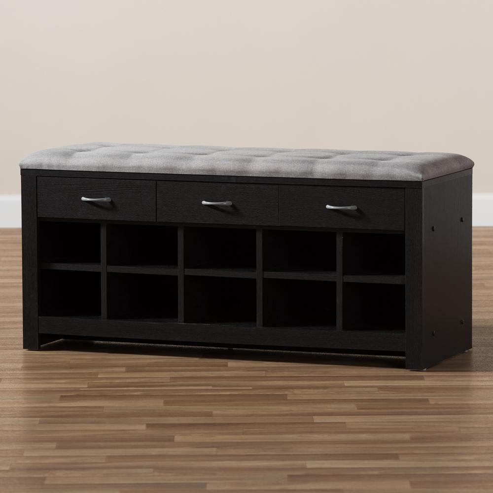 Modern and Contemporary Espresso Finished Grey Fabric Upholstered Cushioned Entryway Bench FredCo