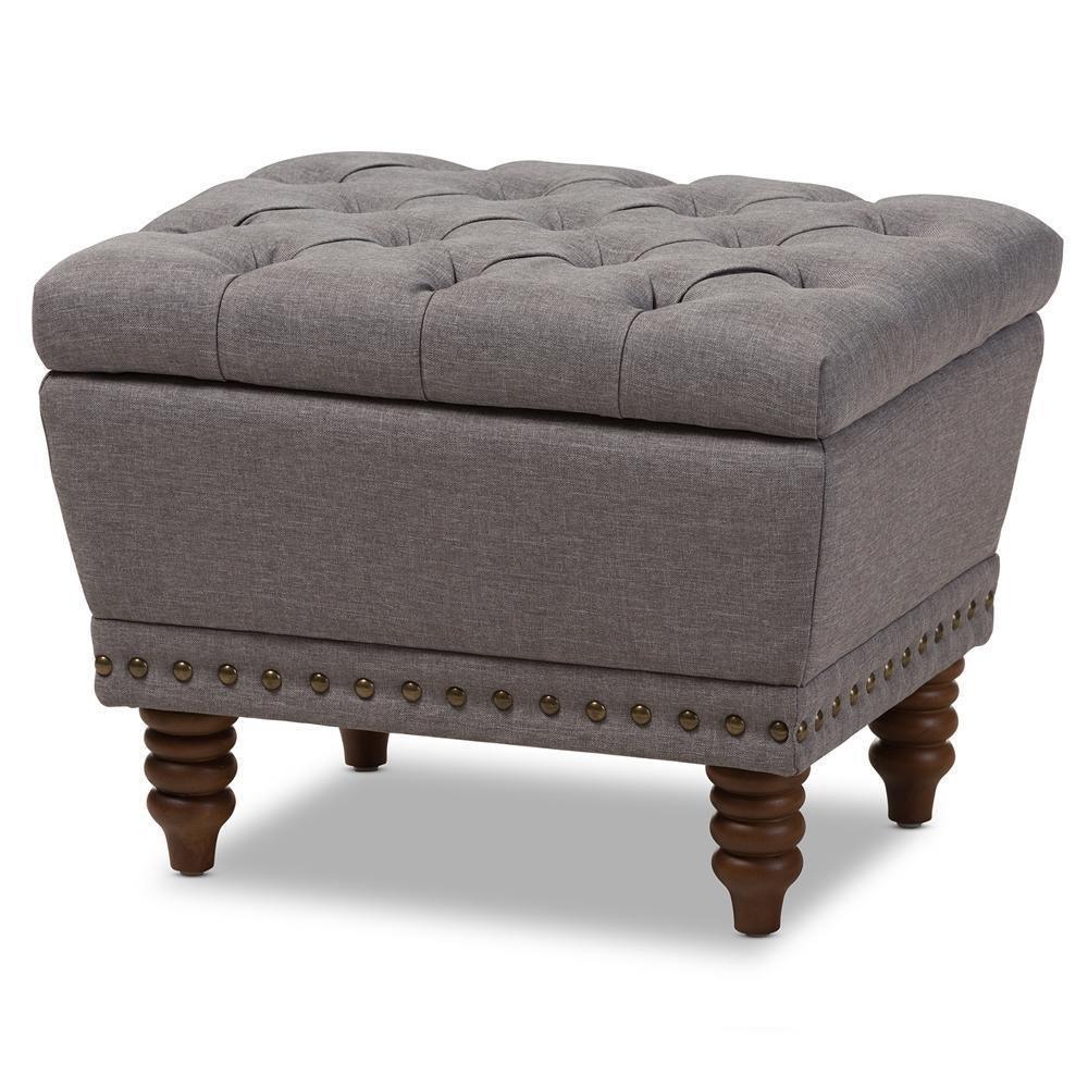 Modern and Contemporary Light Grey Fabric Walnut Wood Finished, Button-Tufted Storage Ottoman FredCo