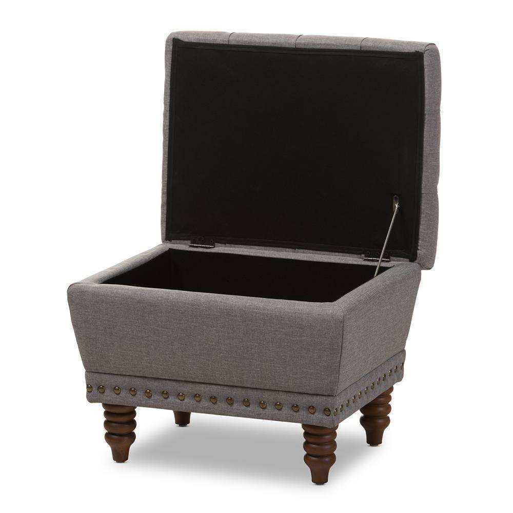 Modern and Contemporary Light Grey Fabric Walnut Wood Finished, Button-Tufted Storage Ottoman FredCo