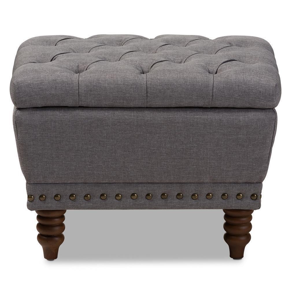 Modern and Contemporary Light Grey Fabric Walnut Wood Finished, Button-Tufted Storage Ottoman FredCo