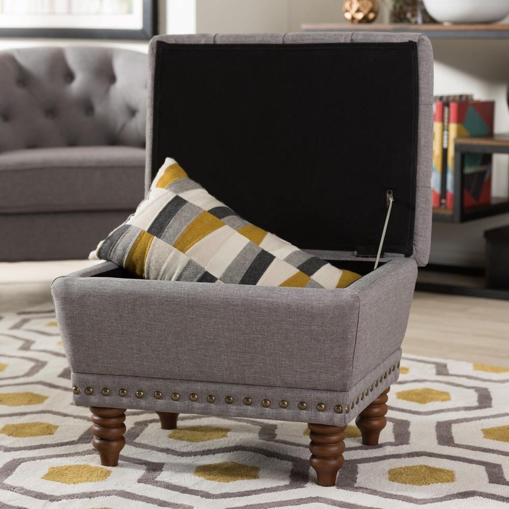 Modern and Contemporary Light Grey Fabric Walnut Wood Finished, Button-Tufted Storage Ottoman FredCo