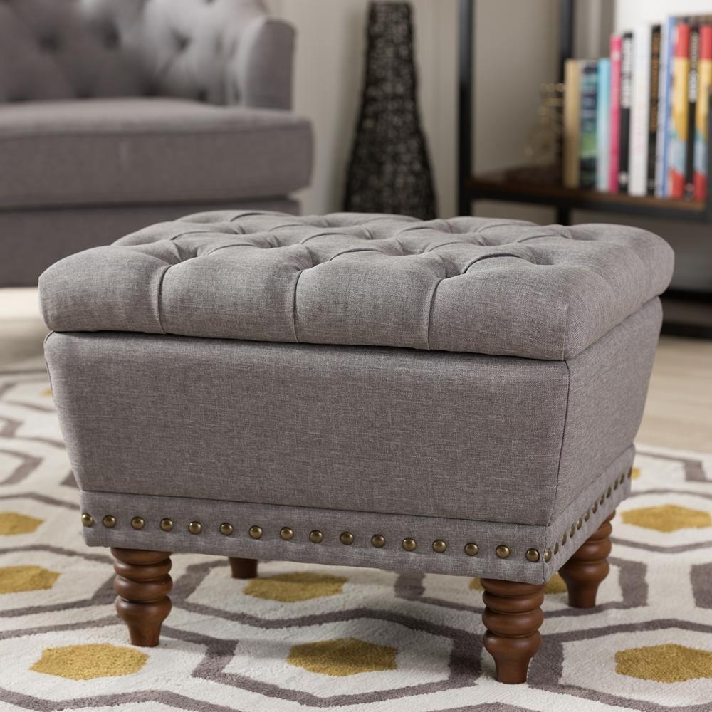 Modern and Contemporary Light Grey Fabric Walnut Wood Finished, Button-Tufted Storage Ottoman FredCo