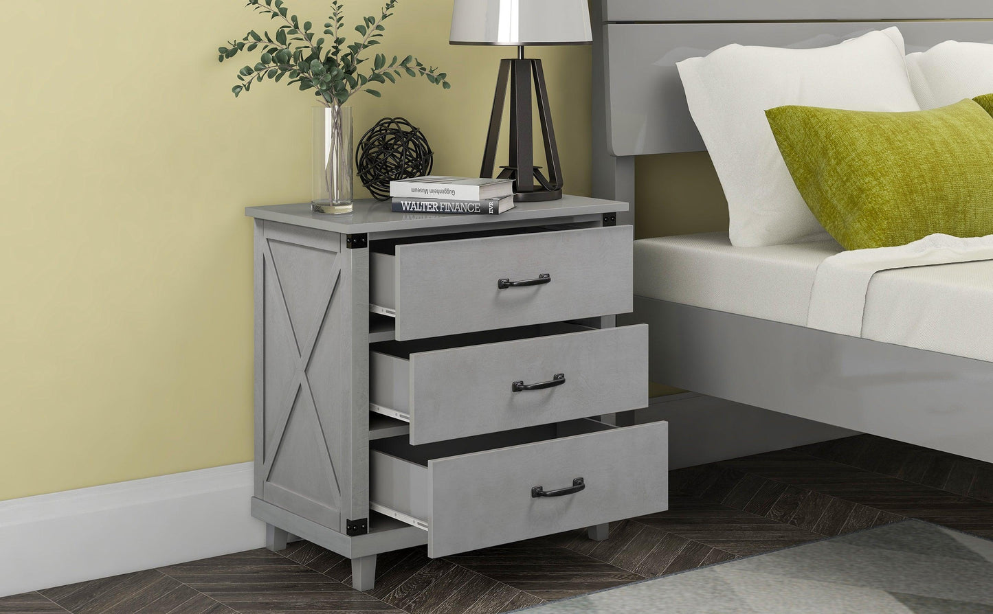 Modern Bedroom Nightstand with 3 Drawers Storage , Gray FredCo